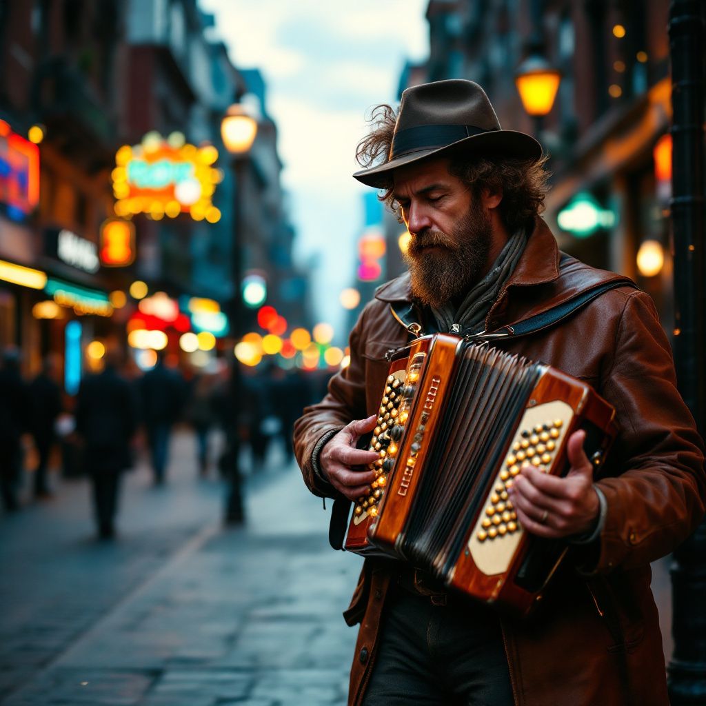 Latin AI Album Cover — Energetic street musician with accordion, cinematic urban setting, vibrant blues and reds, lively and engaging, high detail, professional
