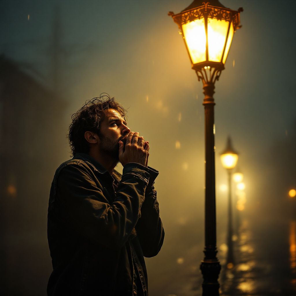 Blues AI Album Cover — A lone harmonica player under a streetlamp, cinematic blues style, warm lighting, misty night atmosphere, deep blue and gold palette, highly detailed, 8k resolution, photorealistic