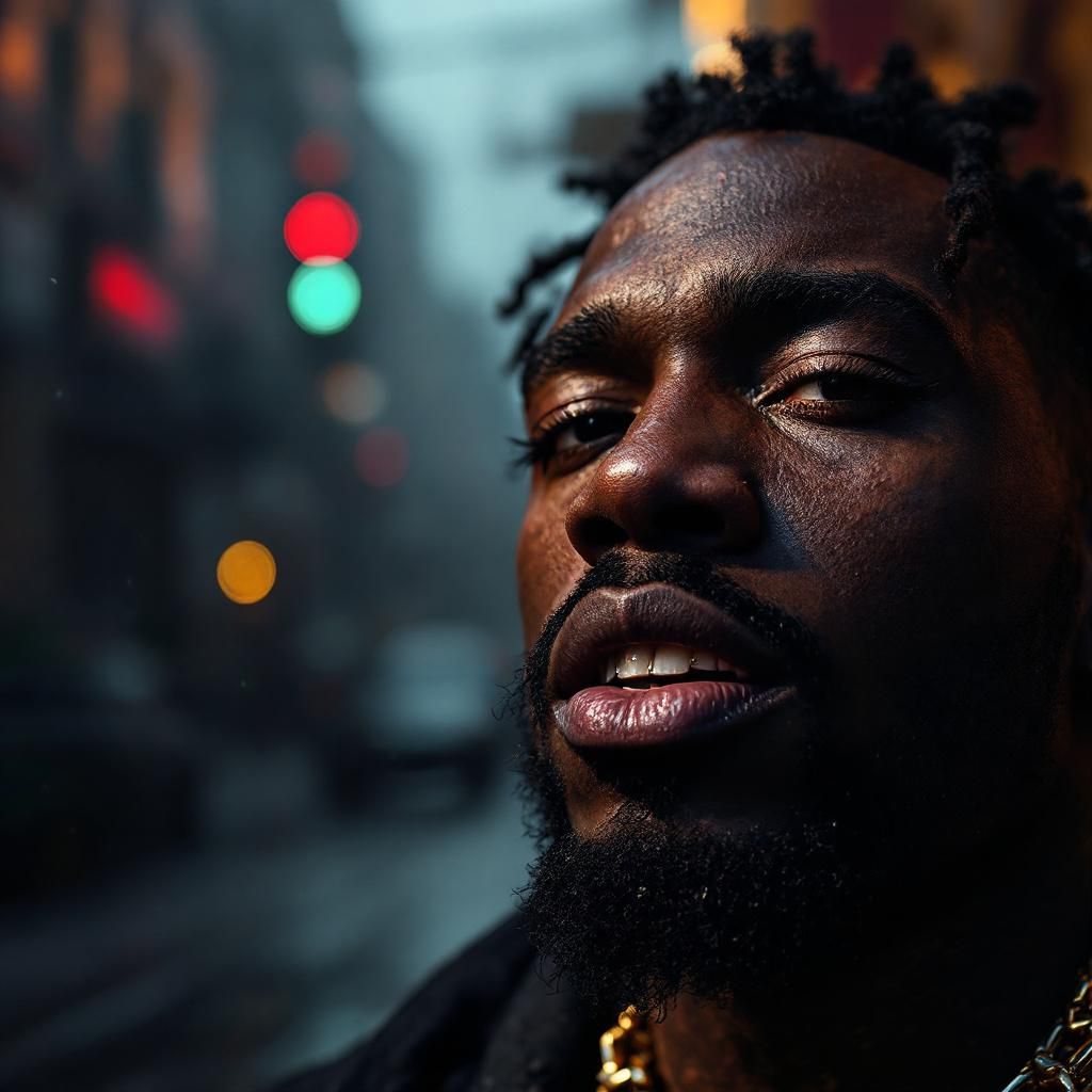Trap AI Album Cover — A striking album cover featuring a black rapper prominently in the foreground, displaying vibrant grillz and extravagant jewelry; dynamic close-up shot with dramatic lighting, a moody atmosphere, incorporating a dark, urban backdrop; photorealistic details, high quality, sharp focus, with the title 'I'm Talking Bout' in an edgy, mysterious font, 1000x1000 pixels.