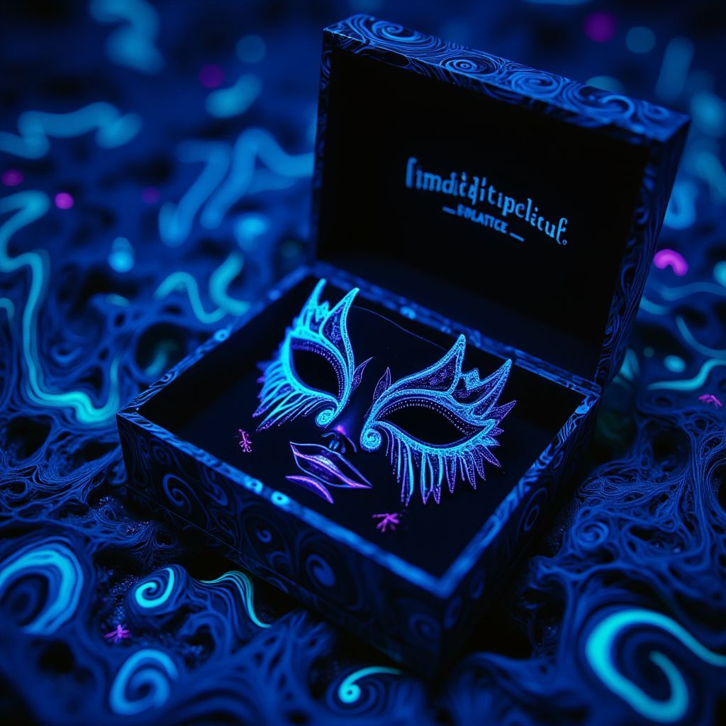 K-Pop AI Album Cover — A mesmerizing black light album cover featuring a matte obsidian box with a glass mask, half-submerged in swirling azure ink; surreal and ethereal style, glowing elements, vibrant color contrasts, dreamy atmosphere, highly detailed, 8k resolution, minimalist silver typography reading 'midnight palette', captivating and otherworldly feel