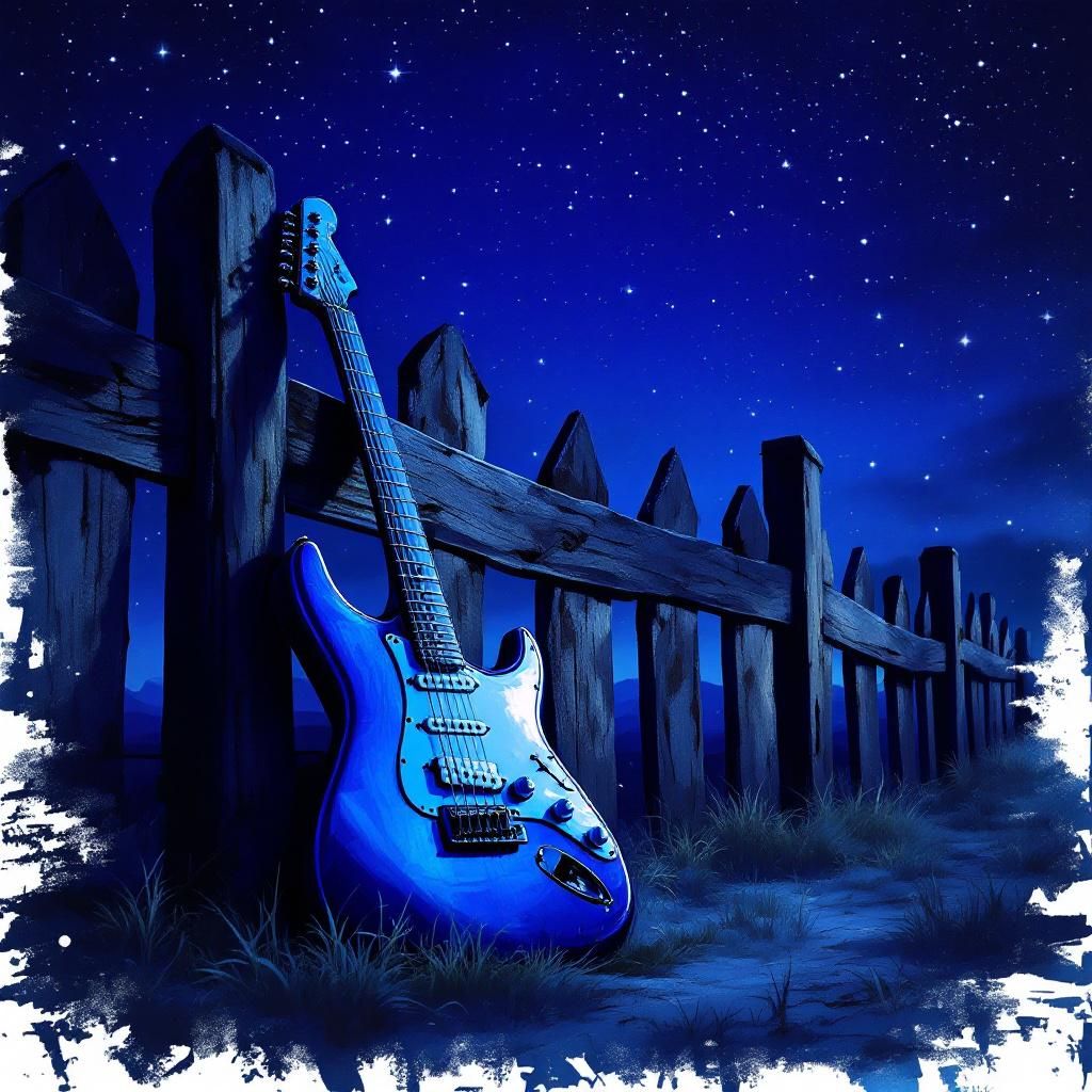 Blues AI Album Cover — A moody, blues-inspired album cover featuring a lone guitar resting against an old wooden fence under a starlit sky; ethereal lighting with deep blue and purple tones, highly detailed textures, and soft brush strokes to create a dreamy atmosphere, capturing the essence of solitude and reflection, 8k resolution, professional quality