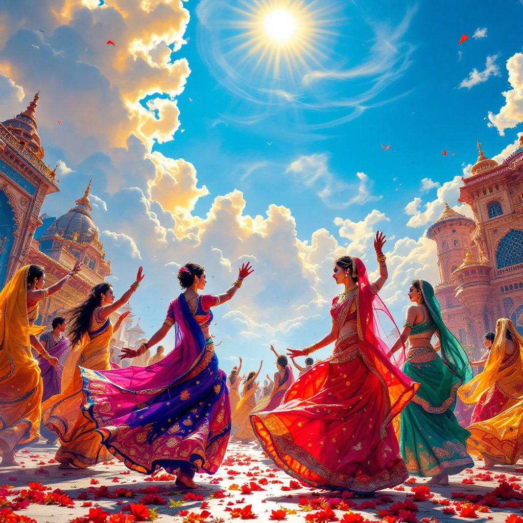 World AI Album Cover — Colorful Indian festival with dancers in traditional sarees, surreal vibrant backdrop, bright sunny day, explosion of reds, yellows, blues, high detail and sharp focus, professional