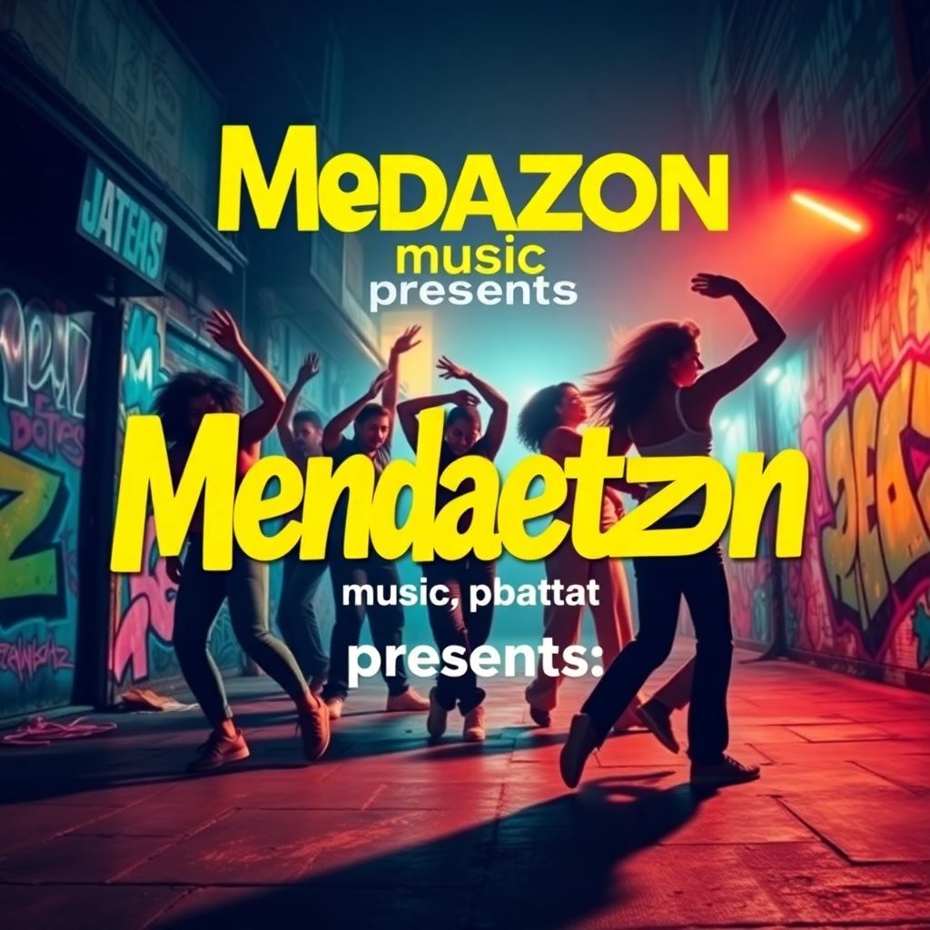 Reggaeton AI Album Cover — A vibrant reggaeton album cover featuring dynamic dancers in an urban setting, surrounded by colorful graffiti; the title "Mendoza music presents" integrated into the background with bold, eye-catching typography; warm lighting, energetic atmosphere, highly detailed, 8k resolution, inspired by Latin music culture, bright colors like yellow, pink, and blue