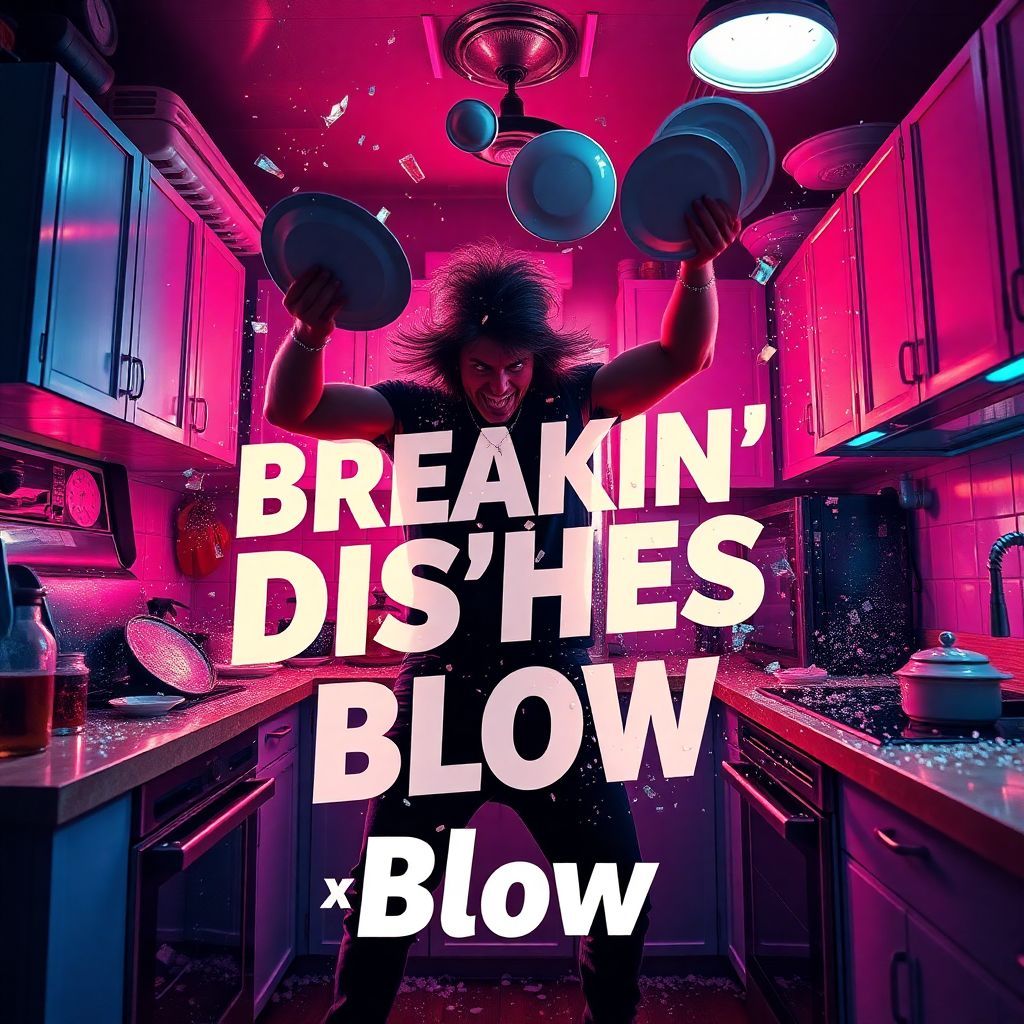 Pop AI Album Cover — A vibrant, chaotic kitchen scene with a fierce figure smashing plates mid-rampage; electric neon colors and strobe lights illuminate the space, glitter and glass flying through the air; the title "Breakin' Dishes x Blow" in bold typography, blending into the design; highly detailed, 8k resolution, capturing the wild energy and rebellion of a late-night party atmosphere