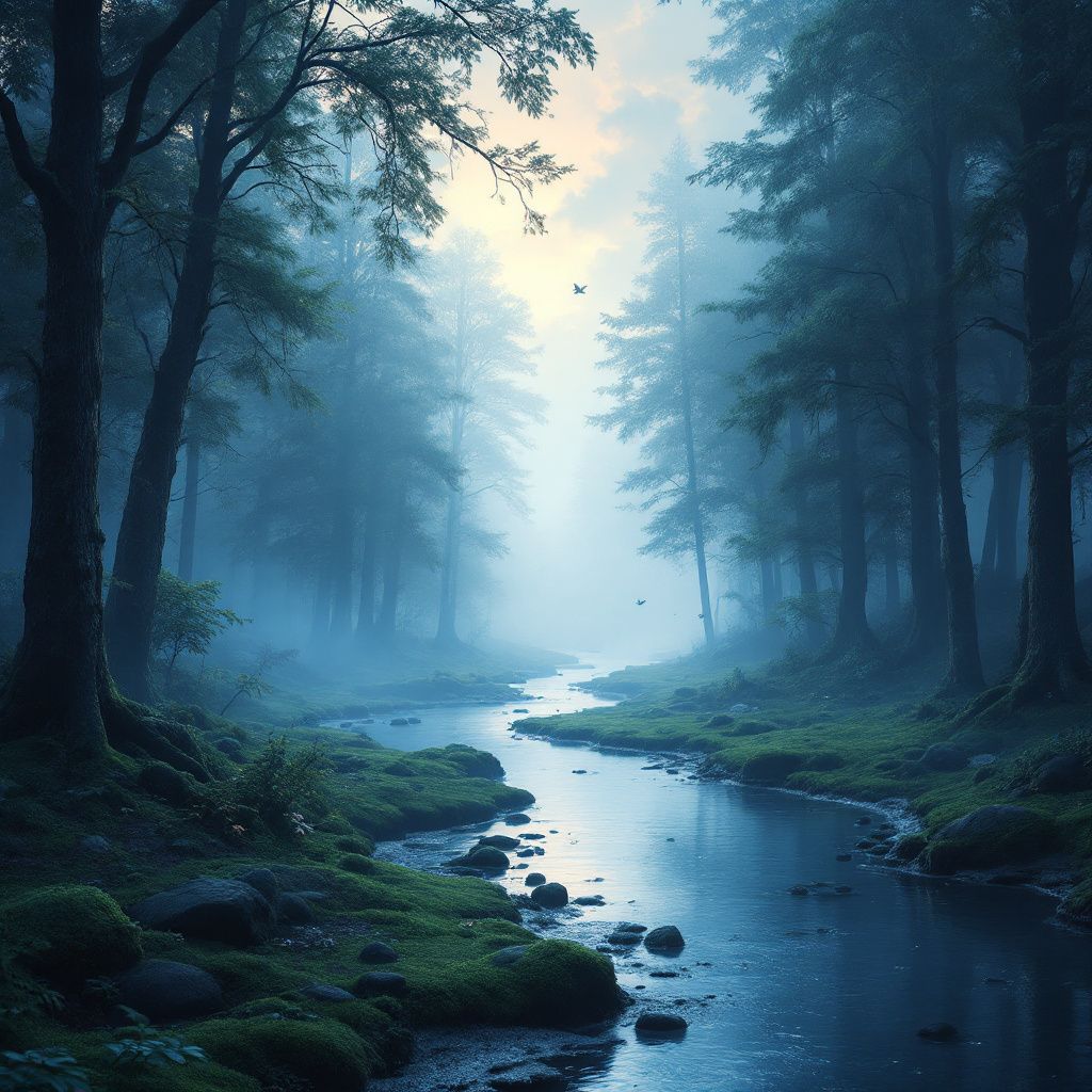 Meditation AI Album Cover — A serene landscape with a misty forest and a flowing river, ethereal and surreal style, 8k resolution, soft ambient light, cool blue and green hues, highly detailed, peaceful and calming atmosphere