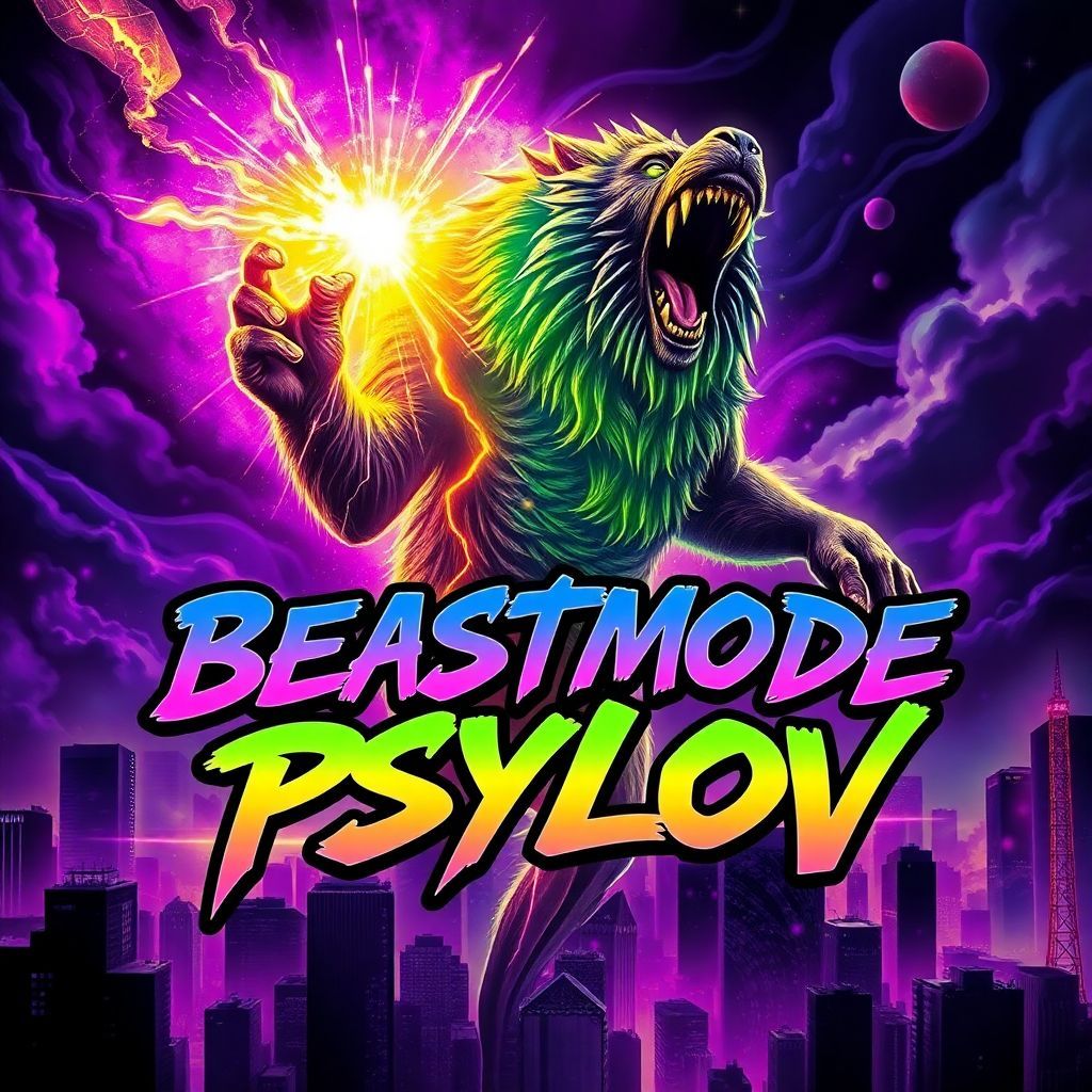 Trap AI Album Cover — A bold and vibrant album cover featuring a beast rising from a cityscape, with dynamic energy emanating from its body; psychedelic colors of purple, green, and gold; the title "Beastmode Psylov" emblazoned in stylized graffiti font, high contrast, cinematic lighting, highly detailed, 8k resolution