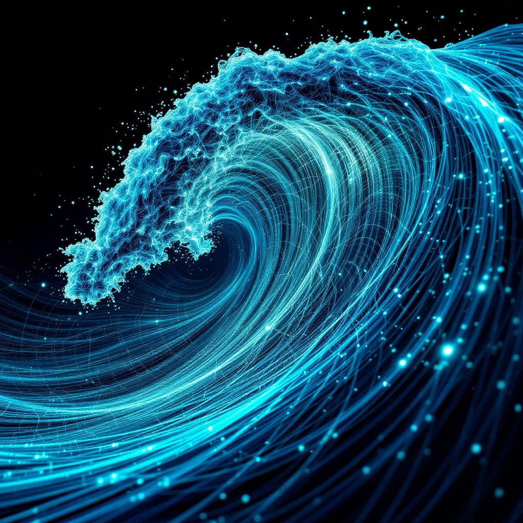 EDM AI Album Cover — A dynamic wave of sound visualized with kinetic lines, abstract and dreamy, wide range of blues and greens, sharp focus and vivid detail, 8k resolution