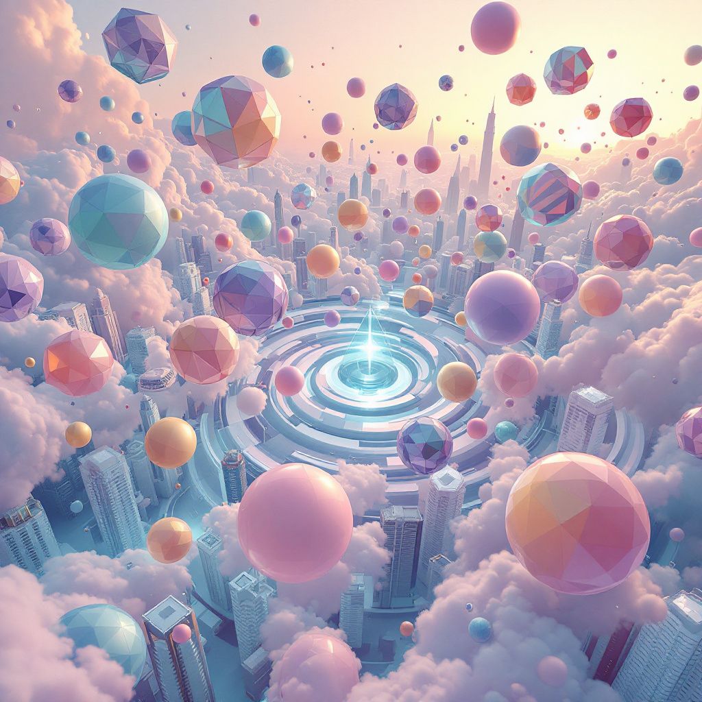 Dubstep AI Album Cover — A dreamlike sequence of overlapping dubstep rhythms visualized as floating geometric shapes, abstract and dynamic, aerial perspective, gradient lighting in pastel colors, artistic and professional