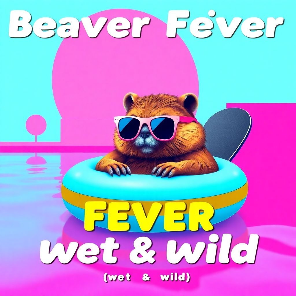 Synth-Pop AI Album Cover — A vibrant synth-pop album cover featuring a whimsical beaver wearing sunglasses, lounging on a pool float in a neon-colored pool; abstract geometric shapes in the background, bright pink and blue color palette, title "Beaver Fever (Wet & Wild)" integrated in a playful font, highly detailed, 8k resolution, summertime vibe