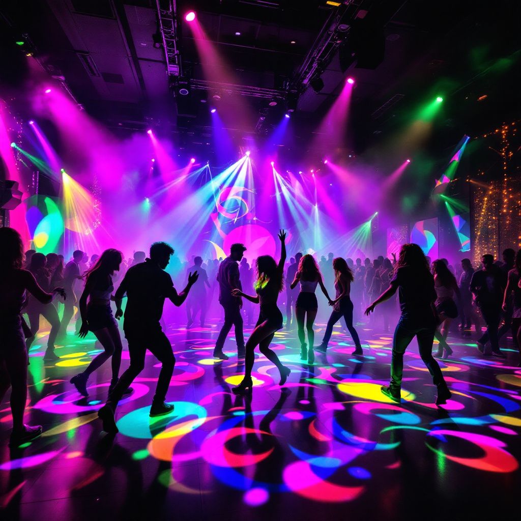 Synth-Pop AI Album Cover — An 80s inspired dance floor with multicolor lights, in psychedelic style, energetic vibe, vibrant colors, professional quality, 8k resolution