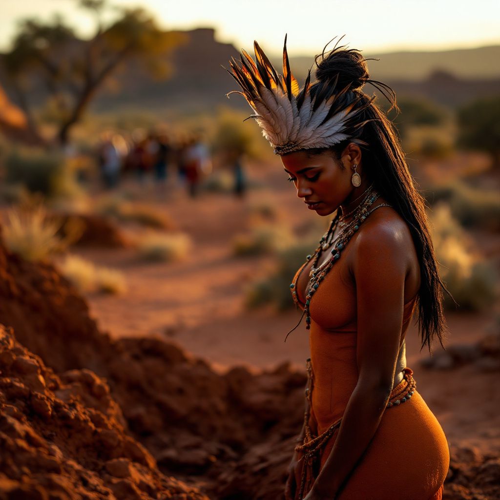 World AI Album Cover — An indigenous Australian memorial ceremony in an outback setting, haunting and minimalistic, golden sunlight, earthy browns and ochres, highly detailed, professional quality