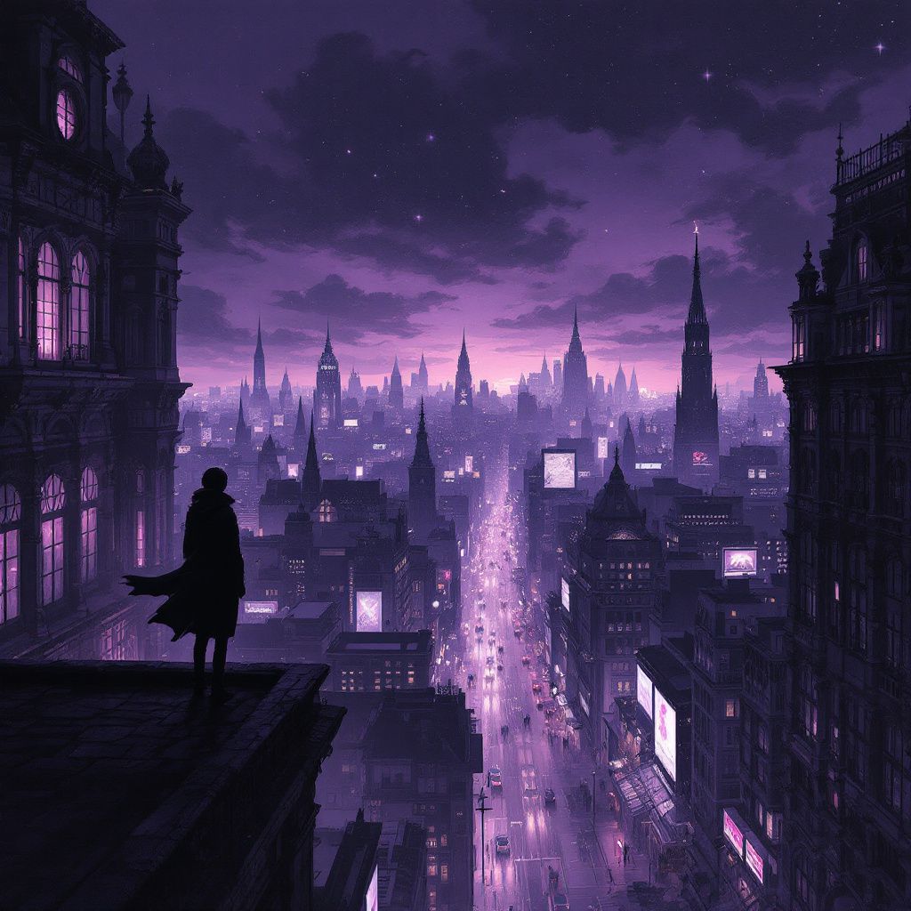 Disco AI Album Cover — dreamy vinyl cityscape at night, impressionist art style, moody lighting, soft purples and blacks, intricate details, urban vibrancy, cinematic depth, high resolution