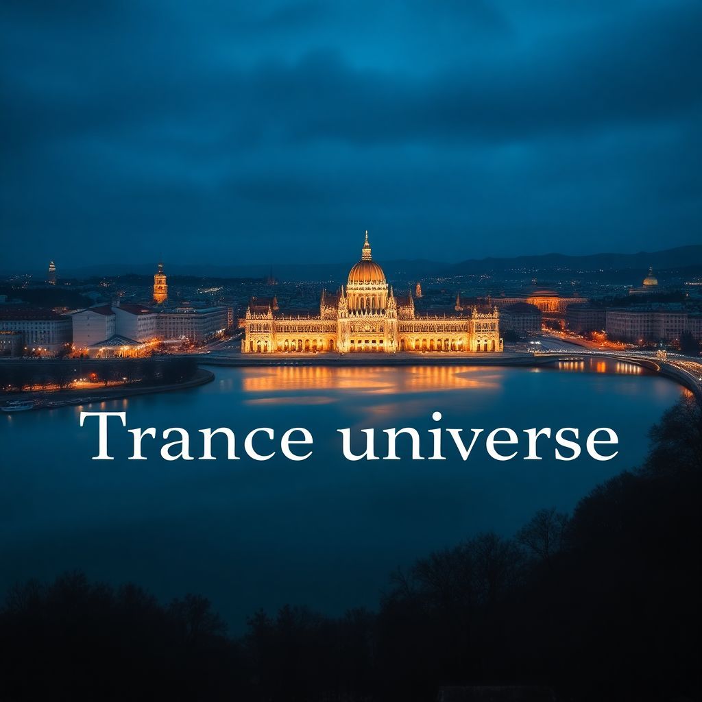 Trance AI Album Cover — An ultra-realistic panoramic view of Budapest at night, featuring the illuminated Hungarian Parliament and subtle mist over the river; vibrant city glow against a deep blue sky, capturing a surreal and moody night atmosphere; integrating the title 'Trance Universe' harmoniously; sharp focus and high dynamic range, photorealistic quality, 8k resolution