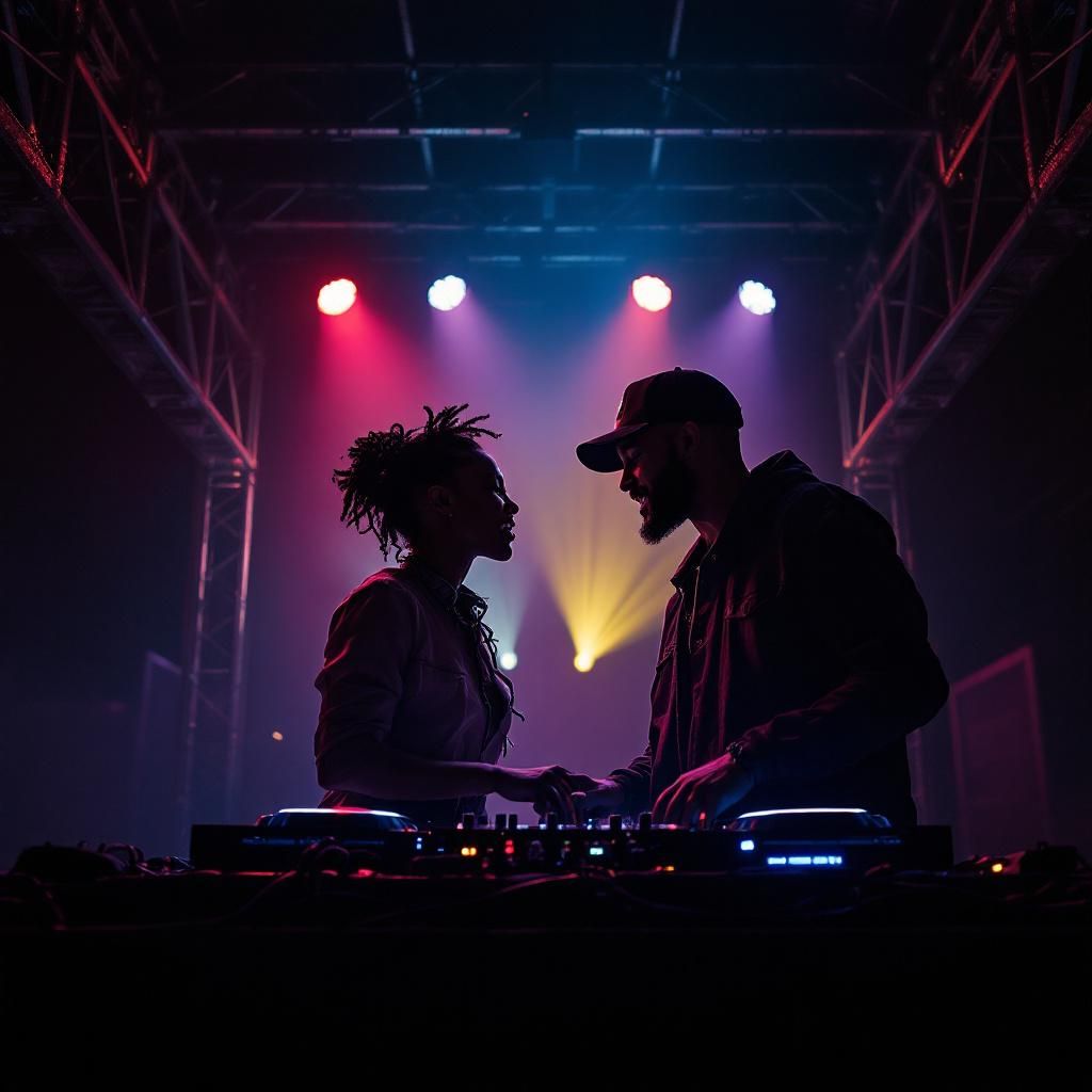 Latin AI Album Cover — A cinematic music cover capturing a DJ and vocalist in a vibrant performance scene; metal structures and trusses with soft lights create an emotional atmosphere, dynamic angles with a glowing DJ console in the background; muted colors and 8k resolution, professional and atmospheric vibe, perfect for Latin cumbia music.