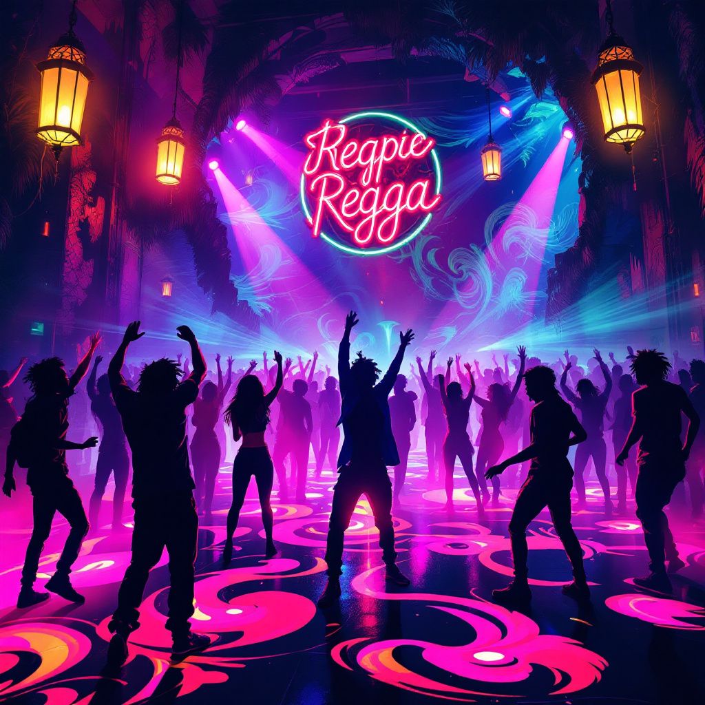Reggaeton AI Album Cover — A high-energy depiction of a reggae nightclub, full of dancing silhouettes and glowing elements, dynamic and engaging, neon lights with psychedelic patterns, vivid pink and electric blue, high resolution