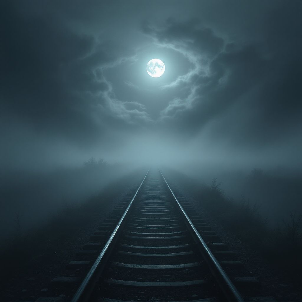 Americana AI Album Cover — Hauntingly beautiful railroad tracks fading into fog, cinematic and moody, misty grays with hints of green, 8k sharpness, ethereal atmosphere.
