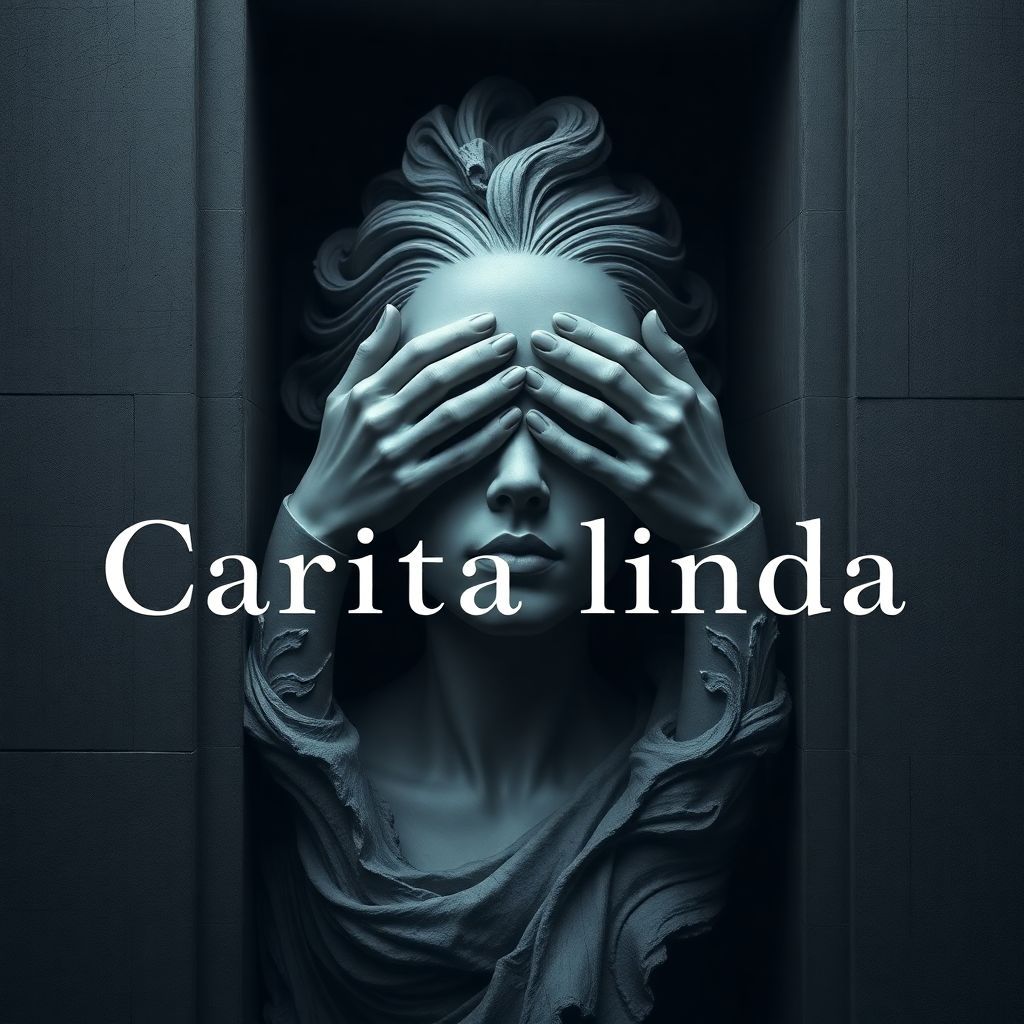 EDM AI Album Cover — A captivating album cover for 'Carita linda', featuring a concrete sculpture of a beautiful woman with her eyes covered by hands, emerging from a dark royal wall; surreal and ethereal style with intricate textures, soft atmospheric lighting, and subdued color palette of greys and deep blues, highly detailed, 8k resolution, with the title seamlessly integrated into the art in elegant, bold font.
