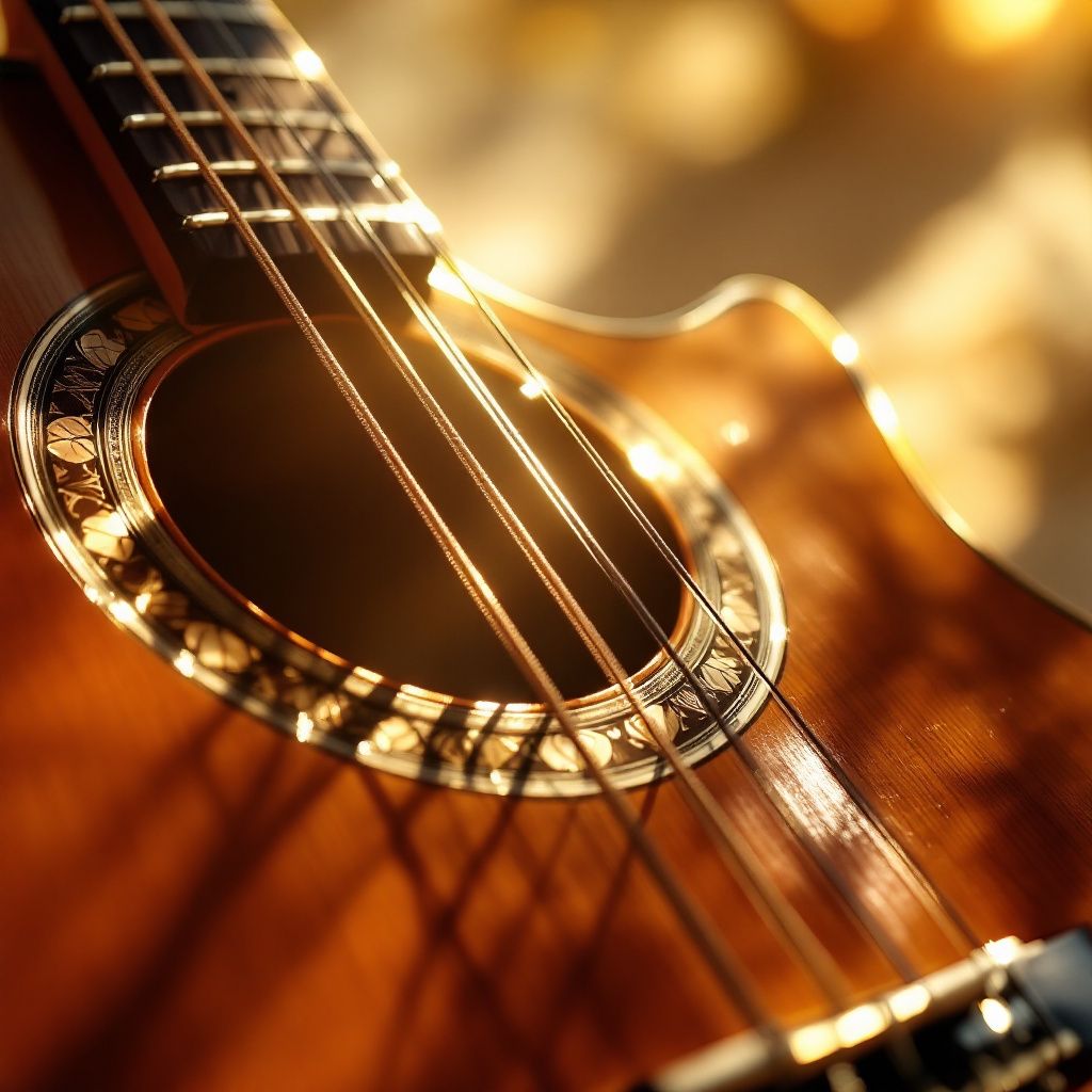 Classical AI Album Cover — a photorealistic close-up of a classical guitar under dappled sunlight, cinematic style, warm browns and golden highlights, 8k resolution, detailed and professional