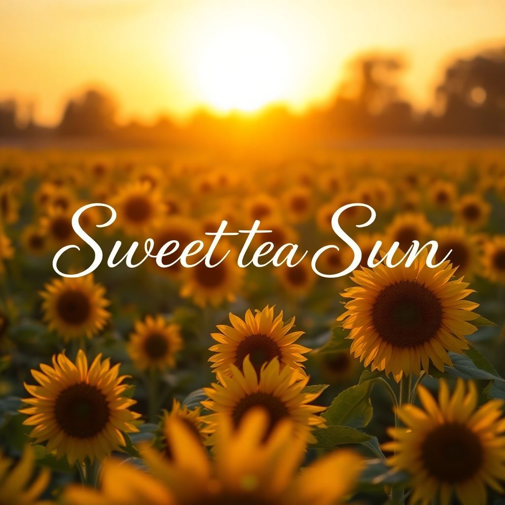 Country AI Album Cover — A picturesque field of sunflowers under a golden sunset, with warm light illuminating the scene; the title "Sweet Tea Sun" elegantly written in flowing script, soft focus background, vibrant yellows and greens, ethereal feel, 8k resolution, professional quality design