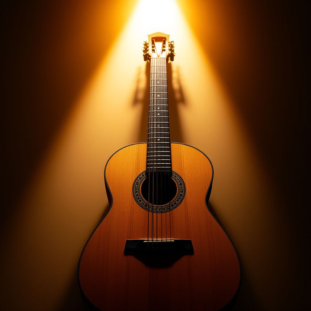 Latin AI Album Cover — Close-up of a classical guitar under spotlight, minimalist design, moody lighting, warm tones, focus on intricate wood grain, sharp focus, 8k resolution