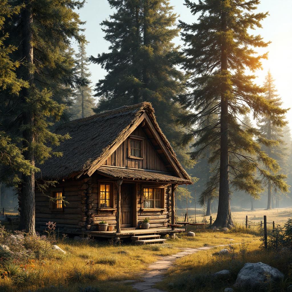 Country AI Album Cover — A serene countryside scene with a rustic wooden cabin surrounded by towering trees, golden sunlight filtering through the leaves, vibrant greens and warm browns in the color palette, photorealistic details, emphasizing a cozy and nostalgic atmosphere, strong emphasis on nature, high quality