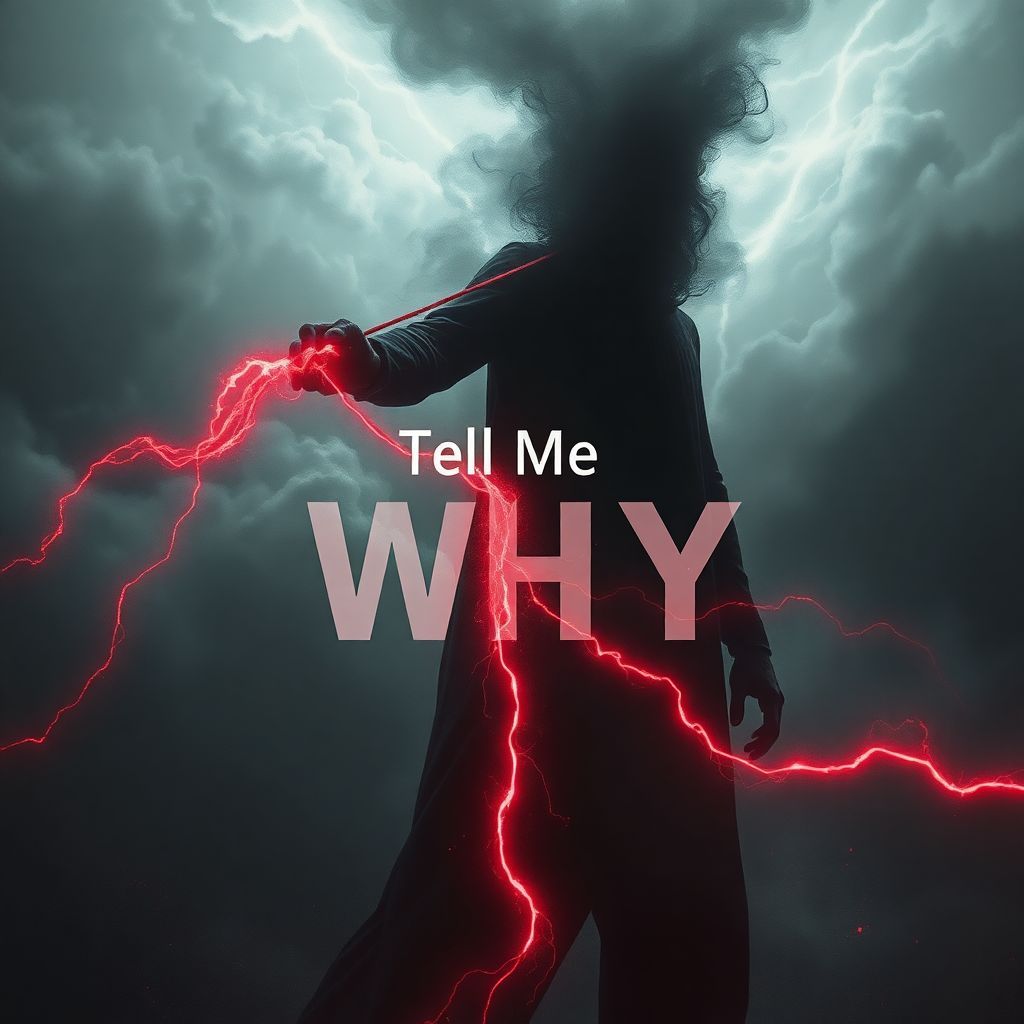 Rock AI Album Cover — A surreal rock album cover featuring a faceless figure pulling a glowing red thread through a stormy sky, the thread becomes smoke and cracks in the air; dark moody atmosphere, deep shadows, metallic tones, and crimson highlights; cinematic lighting, painterly realism, intense emotional storytelling, incorporating the title "Tell Me WHY" as a clear, integral part of the design, highly detailed, 8k resolution