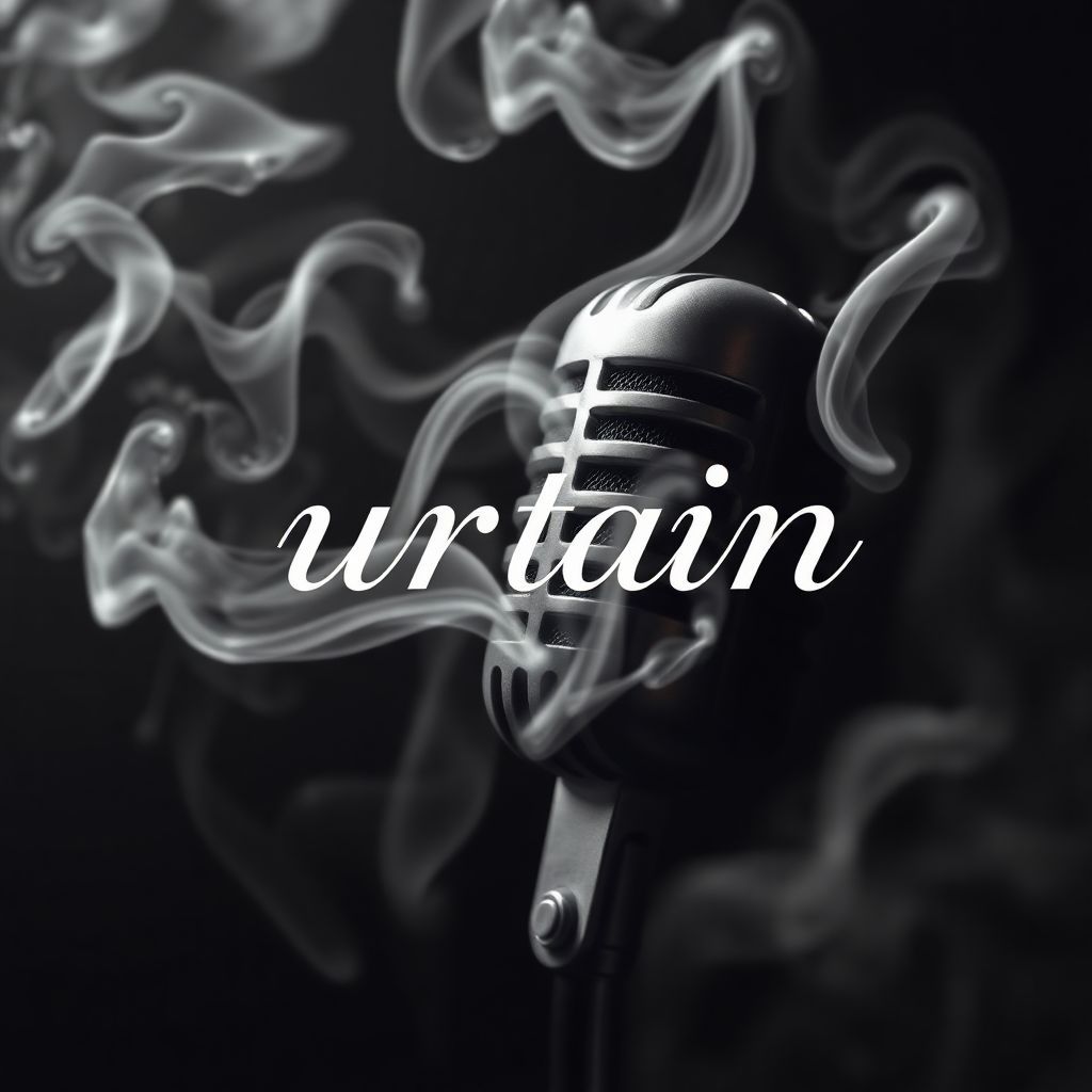 Jazz AI Album Cover — A minimalist jazz album cover with a close-up of a vintage microphone surrounded by swirling smoke, the title "urtain" elegantly written in an elegant font within the smoke; ethereal lighting, monochromatic color scheme with touches of gold, photorealistic, high quality, soft focus