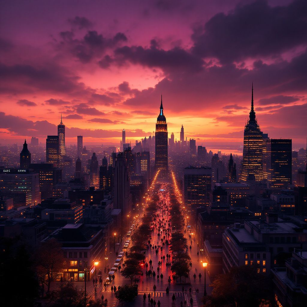 Soul AI Album Cover — Moody cityscape at dusk with soulful undertones, cinematic glow, deep purples and oranges, blurred figures in motion, detailed skyline, 8k quality, photorealistic, atmospheric depth