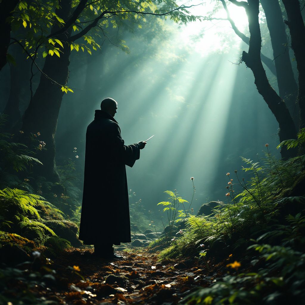 Classical AI Album Cover — a symphonic conductor in silhouette in a moody forest, cinematic and atmospheric style, dappled sunlight, earthy greens and browns, highly detailed, professional and sharp focus