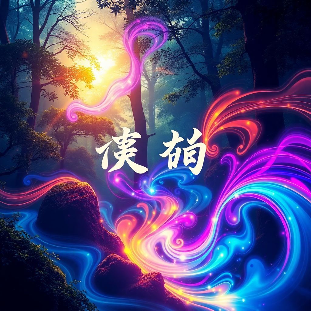 Funk AI Album Cover — A vibrant psychedelic album cover for "声灵觉醒" featuring swirling sound waves and ethereal colors; abstract representations of musical energy flowing through a deep forest backdrop, illuminated by soft golden light, highly detailed, dreamy aesthetic, 8k resolution.