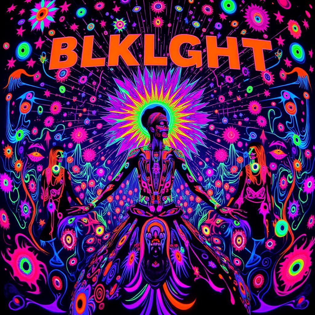 Funk AI Album Cover — A vibrant psychedelic album cover featuring a surreal scene where colorful splashes of paint resemble a cosmic explosion, intertwined with abstract figures dancing; glowing neon colors, high contrast, fluid shapes, dynamic motion, 8k resolution, capturing the energetic essence of funk music, and a sense of euphoria.