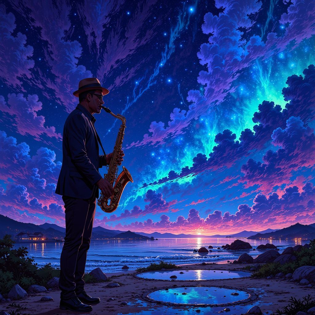 Jazz AI Album Cover — A dreamy jazz album cover featuring a silhouetted saxophonist against a backdrop of swirling blues and purples, nostalgic city lights twinkling in the background; ethereal and surreal style, soft twilight ambiance, vibrant colors reflecting the mood of jazz, highly detailed illustration, 8k resolution