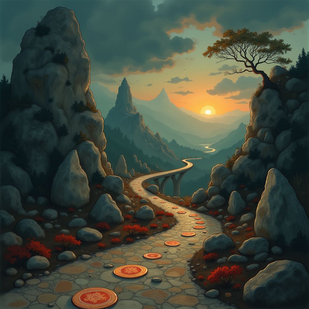 Metal AI Album Cover — A surreal album cover featuring a winding road leading to a distant horizon, scattered with milestones and stones symbolizing personal growth; ethereal lighting, moody atmosphere, dark color palette accented with bursts of gold and deep red, highly detailed, 8K resolution, reflecting the themes of journey and introspection.