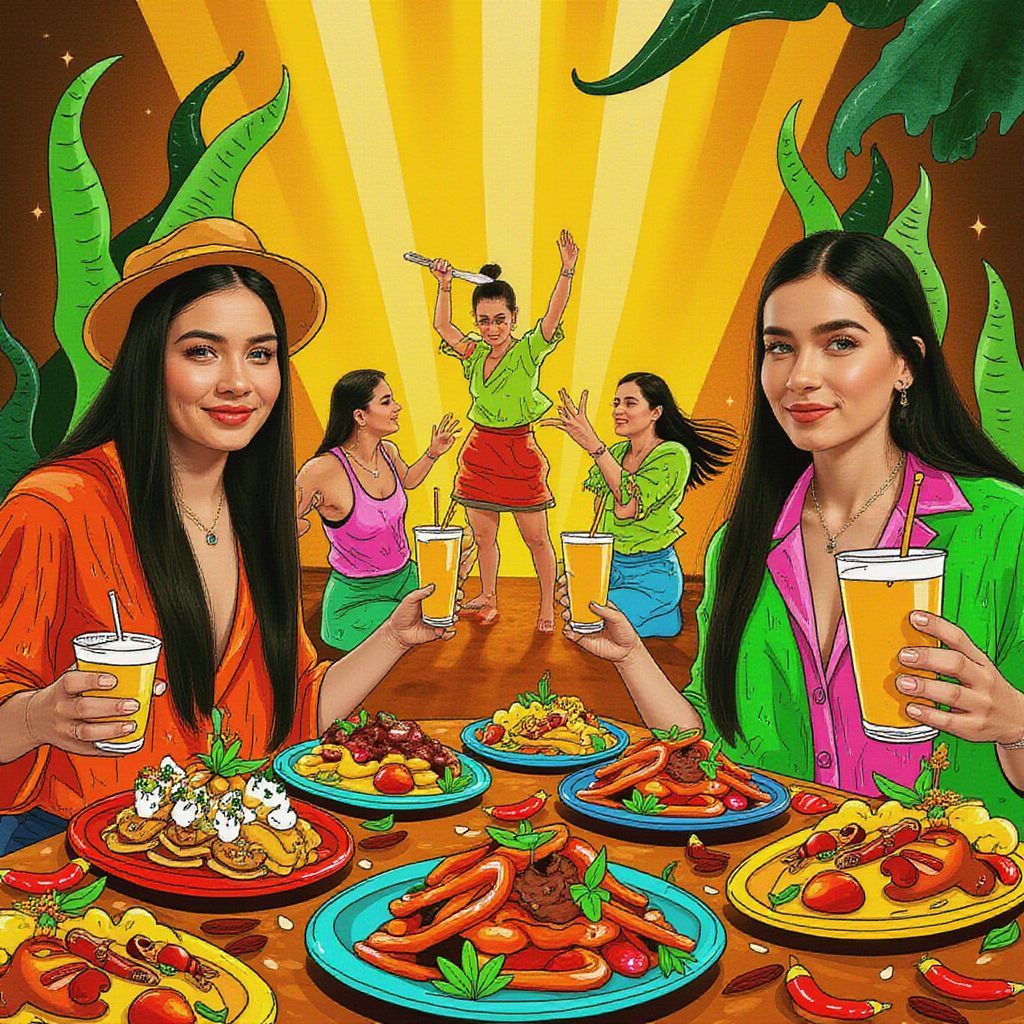 Reggaeton AI Album Cover — A vibrant reggaeton album cover featuring a half-illustrated, half-photo depiction of a lively fiesta; colorful food platters with elegant spices, dynamic dancing figures in motion, hand-drawn style accents and tropical elements, warm lighting, high contrast colors like yellow, red, and green, highly detailed and energetic atmosphere, 8k resolution