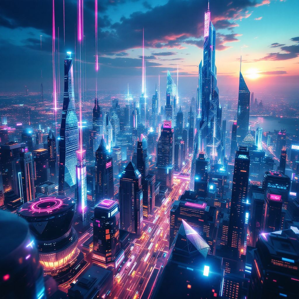 J-Pop AI Album Cover — A futuristic urban skyline, abstract geometric shapes, vibrant color palette, cinematic and ethereal style, long exposure effect, predominant blues and purples, professional quality, ultra-sharp focus