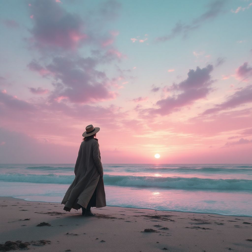 Chillout AI Album Cover — A melancholic landscape featuring a lone figure standing on a deserted beach at sunset, with gentle waves reflecting pastel colors; blend of dreamy and ethereal, soft lighting creates an atmosphere of longing, 8k resolution, serene color palette of blues and purples, highly detailed and photorealistic.