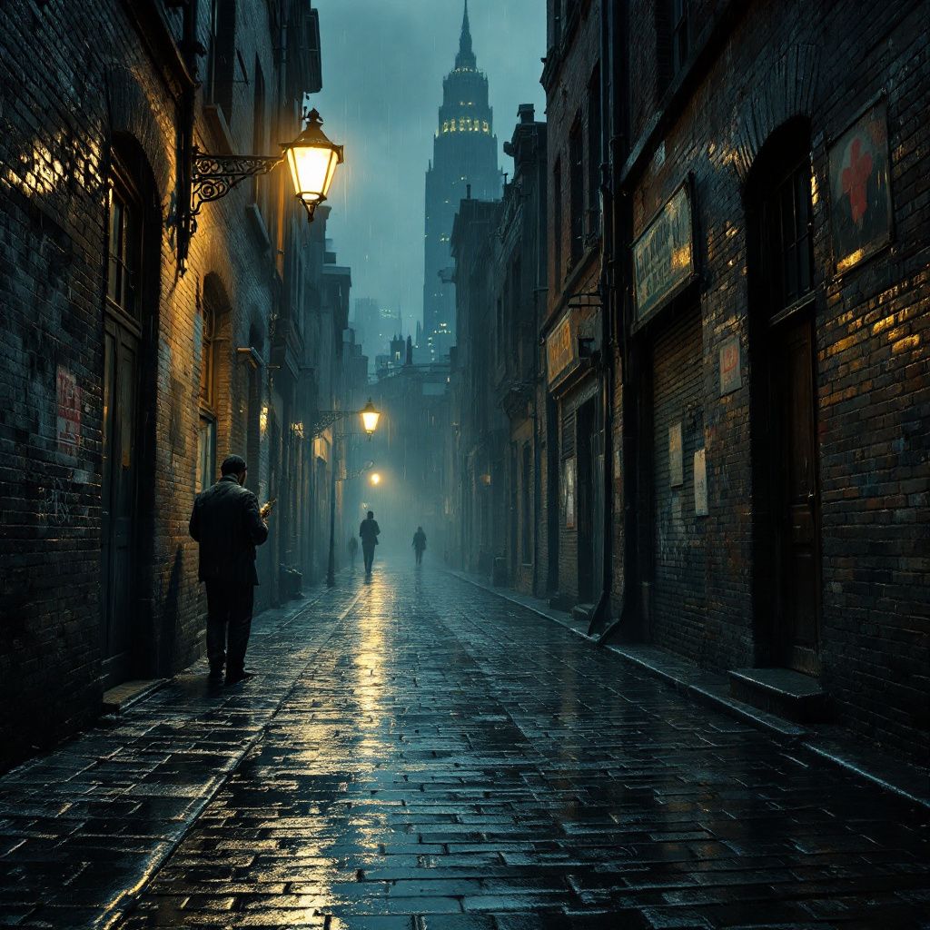 Blues AI Album Cover — Empty alleyway with distant street musicians, dreamlike blues scene, moody lighting, rain-soaked cobblestones, dark blues and grays, high quality, intricate detail, 8k