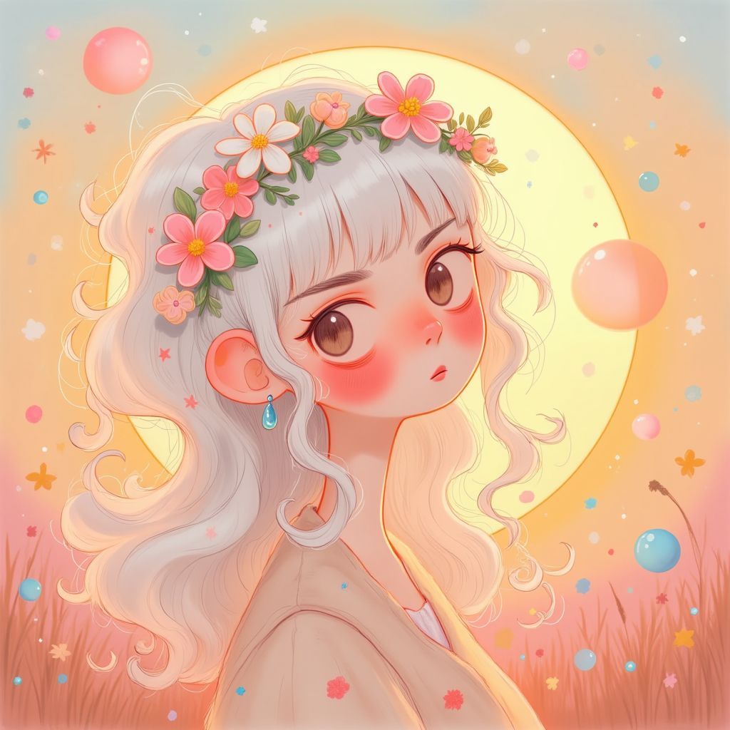 Indie AI Album Cover — A whimsical indie album cover featuring a white-haired young woman wearing a delicate flower crown, surrounded by floating ethereal orbs in a soft sunset glow; dreamy atmosphere with pastel colors, highly detailed, 8k resolution, surreal and vibrant style.