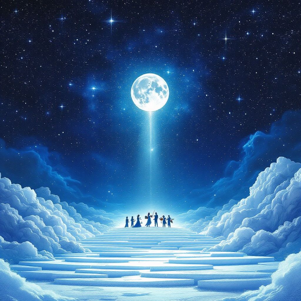Classical AI Album Cover — an ethereal orchestral performance under a starry night, surreal style with a focus on musicians, soft moonlight, deep blue and silver hues, highly detailed, 8k resolution, professional look