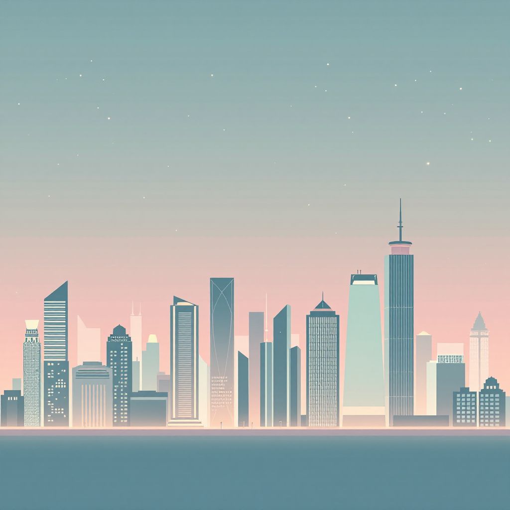 J-Pop AI Album Cover — Minimalist city skyline at dusk, elegant simplicity, ambient glow of city lights, pastel color palette, highly detailed yet simple, professional resolution