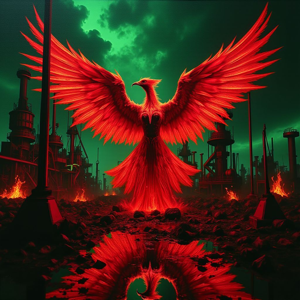 Techno AI Album Cover — An abstract phoenix rising from a burning futuristic industrial landscape, oil painting style with thick brushstrokes; vivid reds, deep oranges, and dark greens, high contrast lighting; apocalyptic and techno-industrial atmosphere, reflections on metal and water, highly detailed, night-time scene