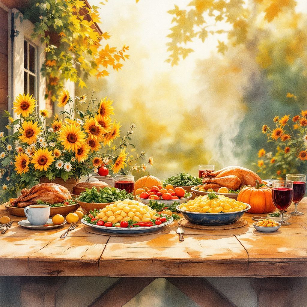 Folk AI Album Cover — A rustic folk album cover showcasing a cozy farmhouse table set for a feast, surrounded by lush greenery of Greenville, warm golden lighting creating an inviting atmosphere; watercolor textures and vibrant earth tones highlight culinary themes, highly detailed and photorealistic, capturing a sense of community and comfort