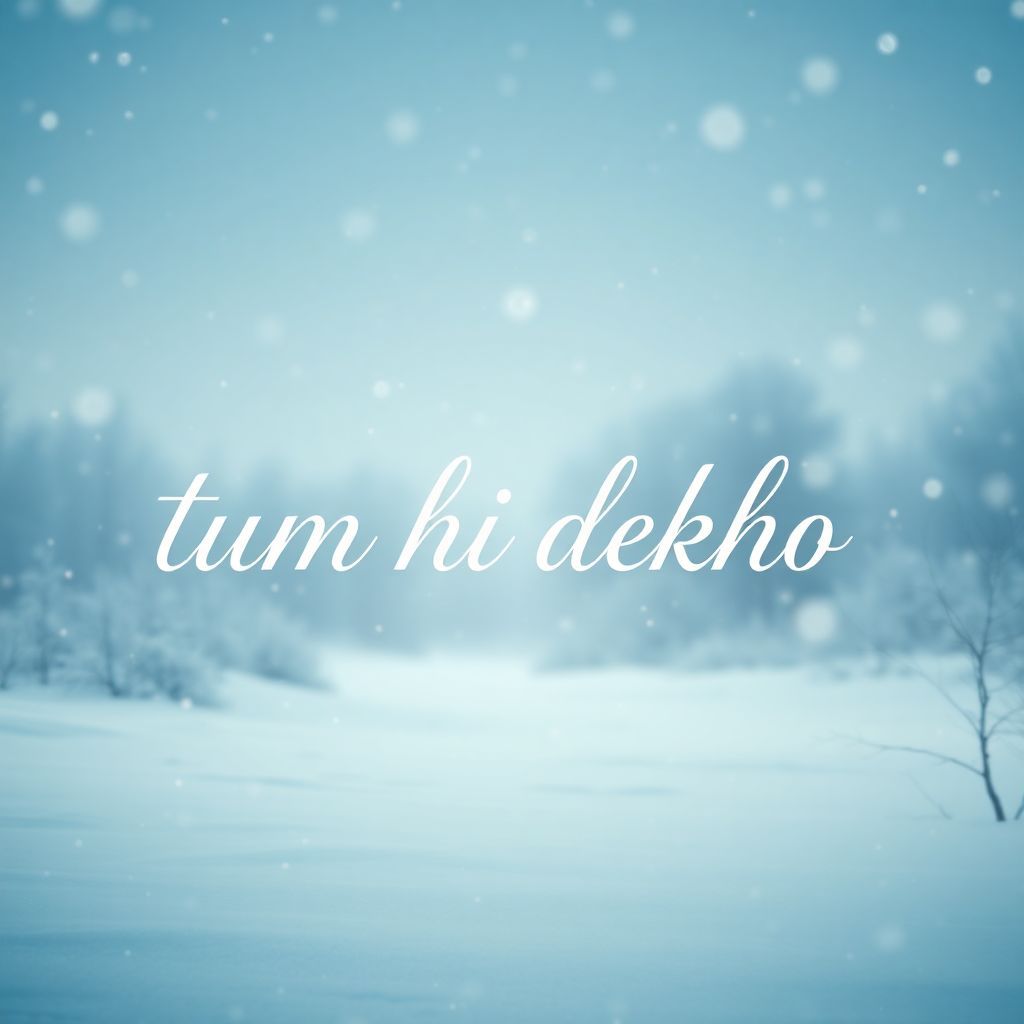 Indie AI Album Cover — A dreamy indie album cover featuring a serene winter landscape with soft snowflakes falling, incorporating the text '"tum hi dekho"' in elegant, flowing script blending with ethereal colors of blue and white; the atmosphere is tranquil and introspective, with highly detailed textures and gentle lighting, 8k resolution, conveying deep emotions of longing and connection.