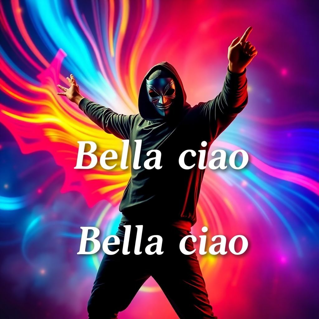 Dance AI Album Cover — A vibrant dance music album cover featuring a masked figure in a dynamic pose, with a backdrop of swirling colors representing freedom; the title "Bella ciao" prominently displayed in bold, modern typography; psychedelic visual style, energetic lighting, bright reds, blues, and yellows, highly detailed, 8k resolution.