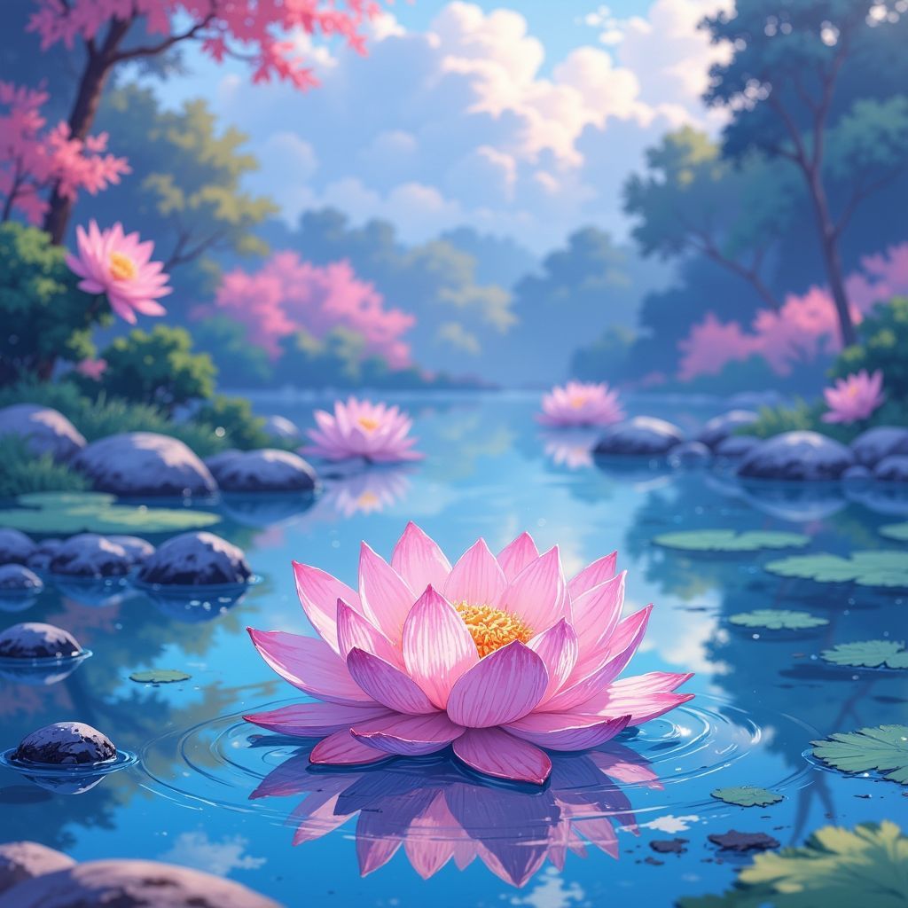 Meditation AI Album Cover — A serene illustration for a meditation album cover featuring a tranquil lotus flower floating on a calm pond, surrounded by gentle ripples; ethereal and dreamy atmosphere with soft lighting, a pastel color palette of blues and pinks, highly detailed and soothing, 8k resolution