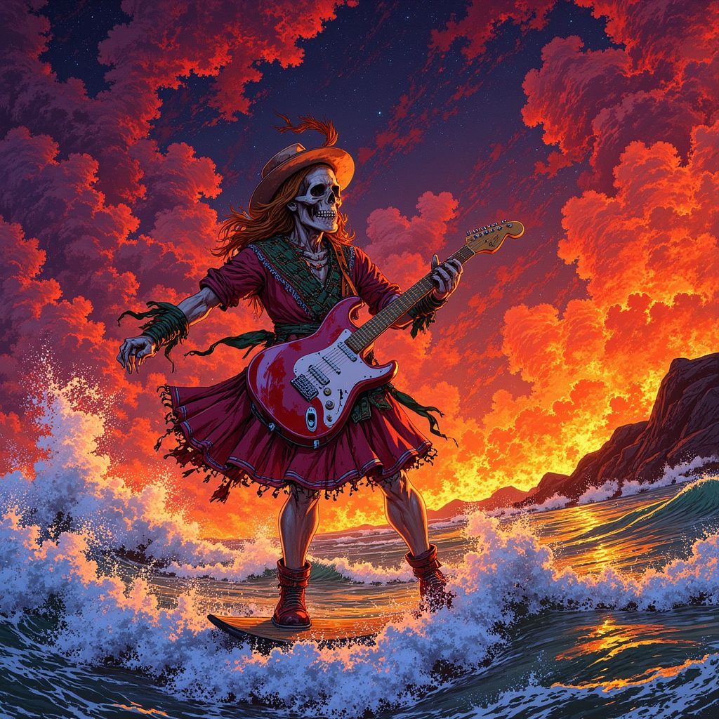 Rock AI Album Cover — A living dead figure in Belarus national dress surfing through a fiery ocean in Hell, vibrant colors, surreal and psychedelic style, dynamic movement emphasizing rock themes, dramatic lighting with glowing embers, highly detailed with a 8k resolution, evoking a wild and rebellious spirit