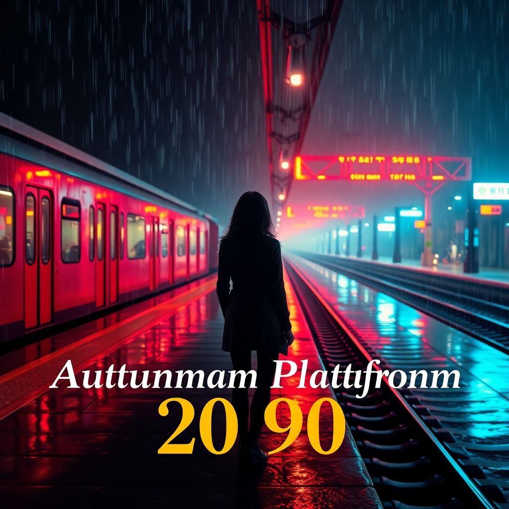 Lo-Fi AI Album Cover — A surreal scene of a glowing train platform under rain, with a girl gazing at empty tracks, ethereal and dreamy lighting, vibrant neon colors reflecting on wet surfaces; featuring the title "Autumn Platform (2090)" in elegant typography; high quality, photorealistic, capturing urban melancholy