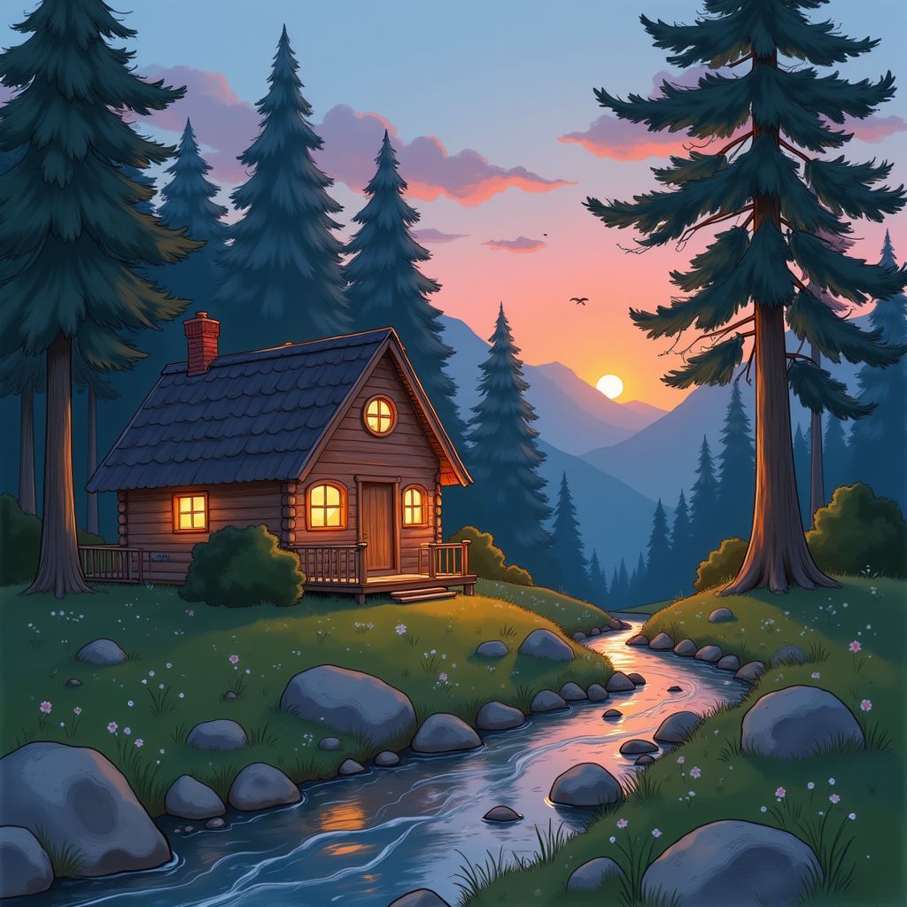 Country AI Album Cover — A whimsical illustration of a wooden cabin nestled among tall pine trees at dusk; a warm glow emanates from the windows, fireflies dancing around; a gentle stream in the foreground, pastel sunset colors reflecting on the water; serene and earthy atmosphere, highly detailed, 8k resolution