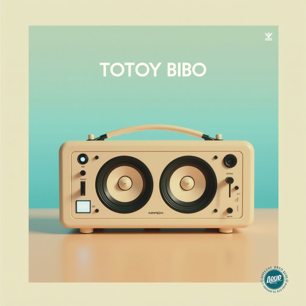 Soul AI Album Cover — A serene album cover for 'Totoy Bibo' with vintage stereo speakers softly radiating sound waves; pastel tones of light blue, warm beige, and gentle cream, minimalist style, calming atmosphere, clean serif font for title, high quality, soothing and timeless feel