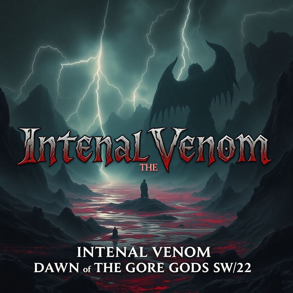Metal AI Album Cover — An epic cinematic album cover depicting a valley flooded with blood and monstrous silhouettes of gods towering over; the title "Dawn of the Gore Gods" inscribed in ancient, gnarled fonts amidst lightning strikes, moody dark tones with crimson accents, highly detailed and photorealistic, foreboding atmosphere, 8k resolution, dramatic lighting